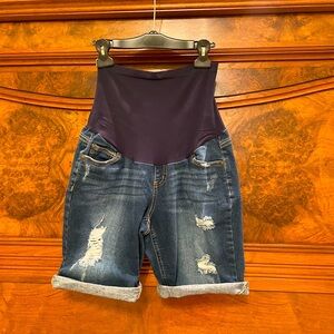 Indigo Blue Sz L Maternity Distressed Jean Shorts, elastic expandable waist